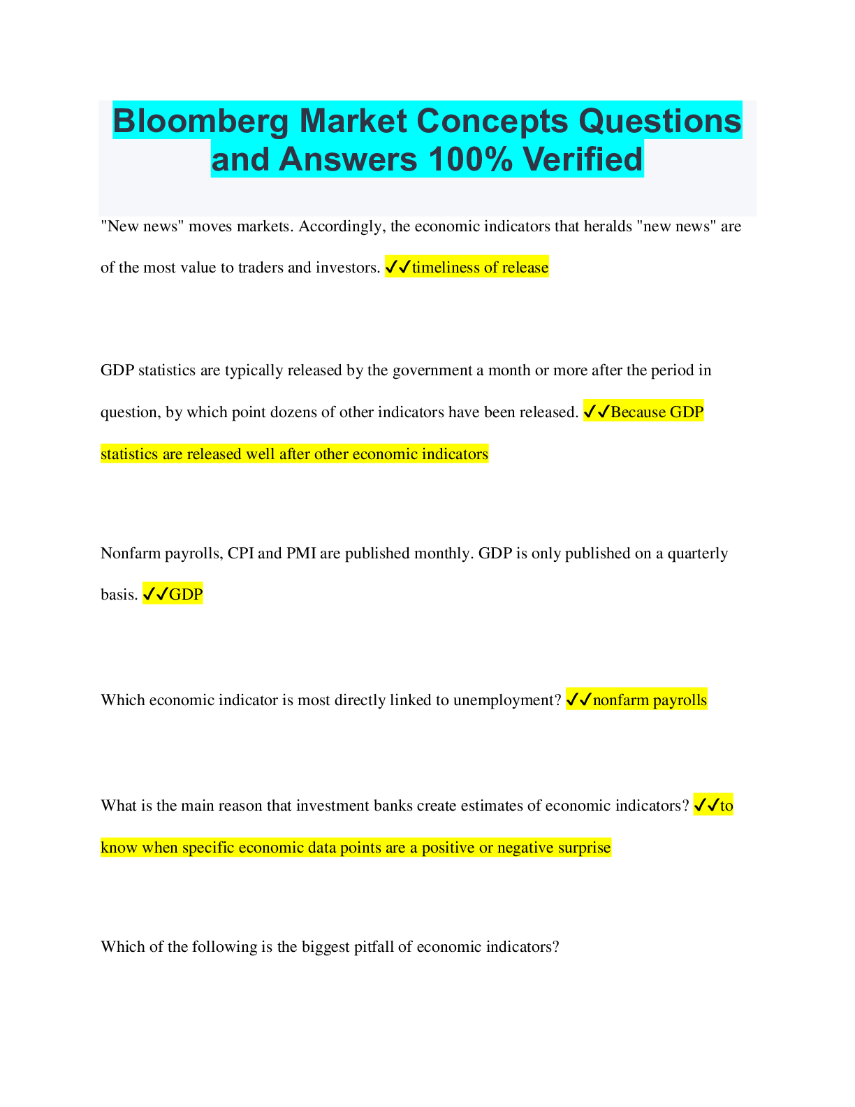 Preview of Bloomberg Market Concepts Questions and Answers 100% Verified
